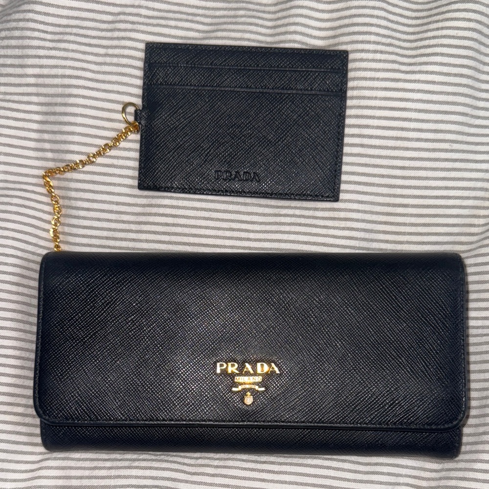 Prada Black Wallet and Card Holder with Gold Chain